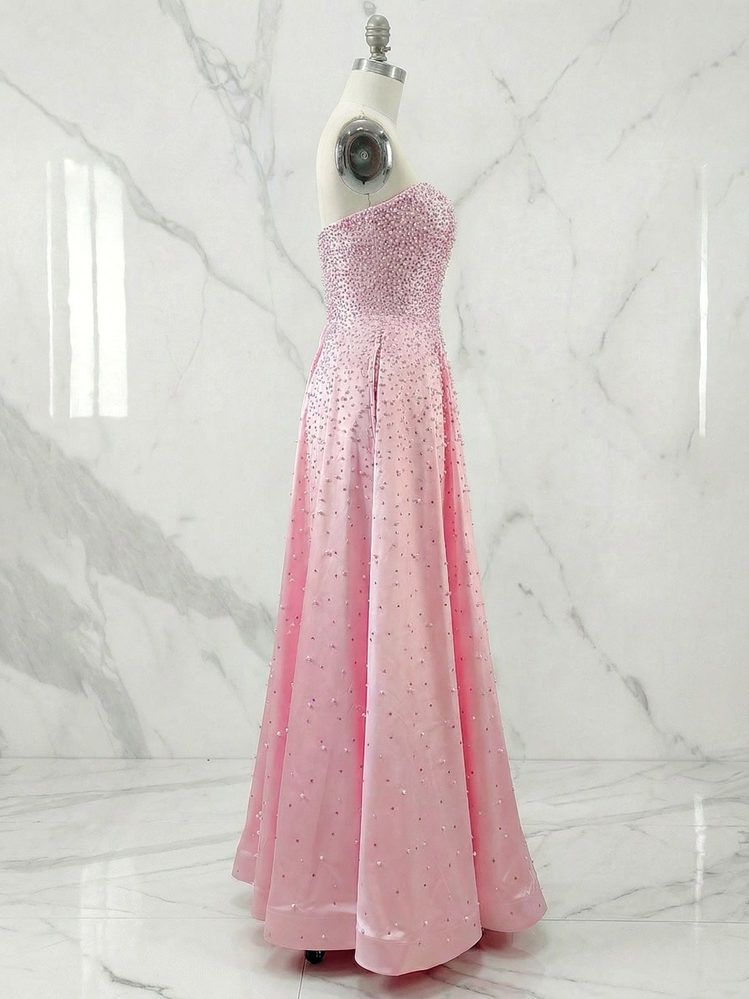 Pink Strapless A-line Sweetheart Long Prom Dresses With Pearls