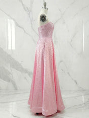 Pink Strapless A-line Sweetheart Long Prom Dresses With Pearls