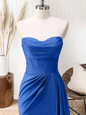 Glitter Royal Blue Strapless Mermaid Long Prom Dress with Slit