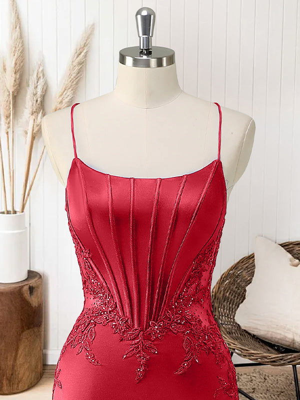 Red Mermaid Corset Spaghetti Straps Long Prom Dress with Appliques