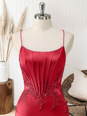 Red Mermaid Corset Spaghetti Straps Long Prom Dress with Appliques