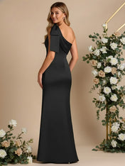 One Shoulder Satin A Line Long Bridesmaid Dresses with Bow