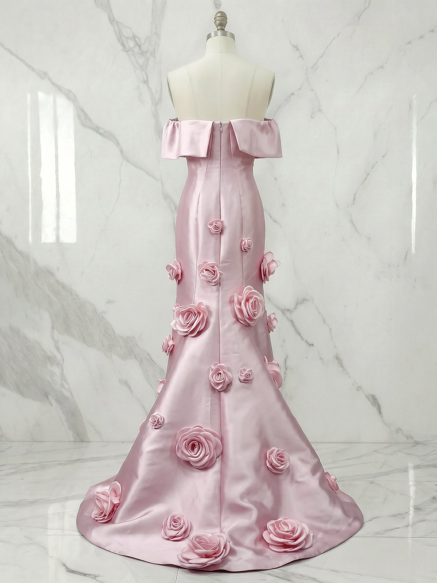 Blush Pink Satin Off-The-Shoulder 3D Floral Mermaid Formal Evening Gown