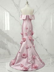 Blush Pink Satin Off-The-Shoulder 3D Floral Mermaid Formal Evening Gown