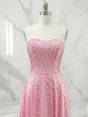 Pink Strapless A-line Sweetheart Long Prom Dresses With Pearls