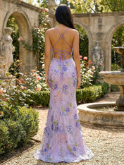 Stunning Teal Floral Sequin V-Neck Spaghetti Strap Prom Dress