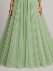 Off Shoulder Pleated Tulle A Line Long Formal Dress with Ruffles