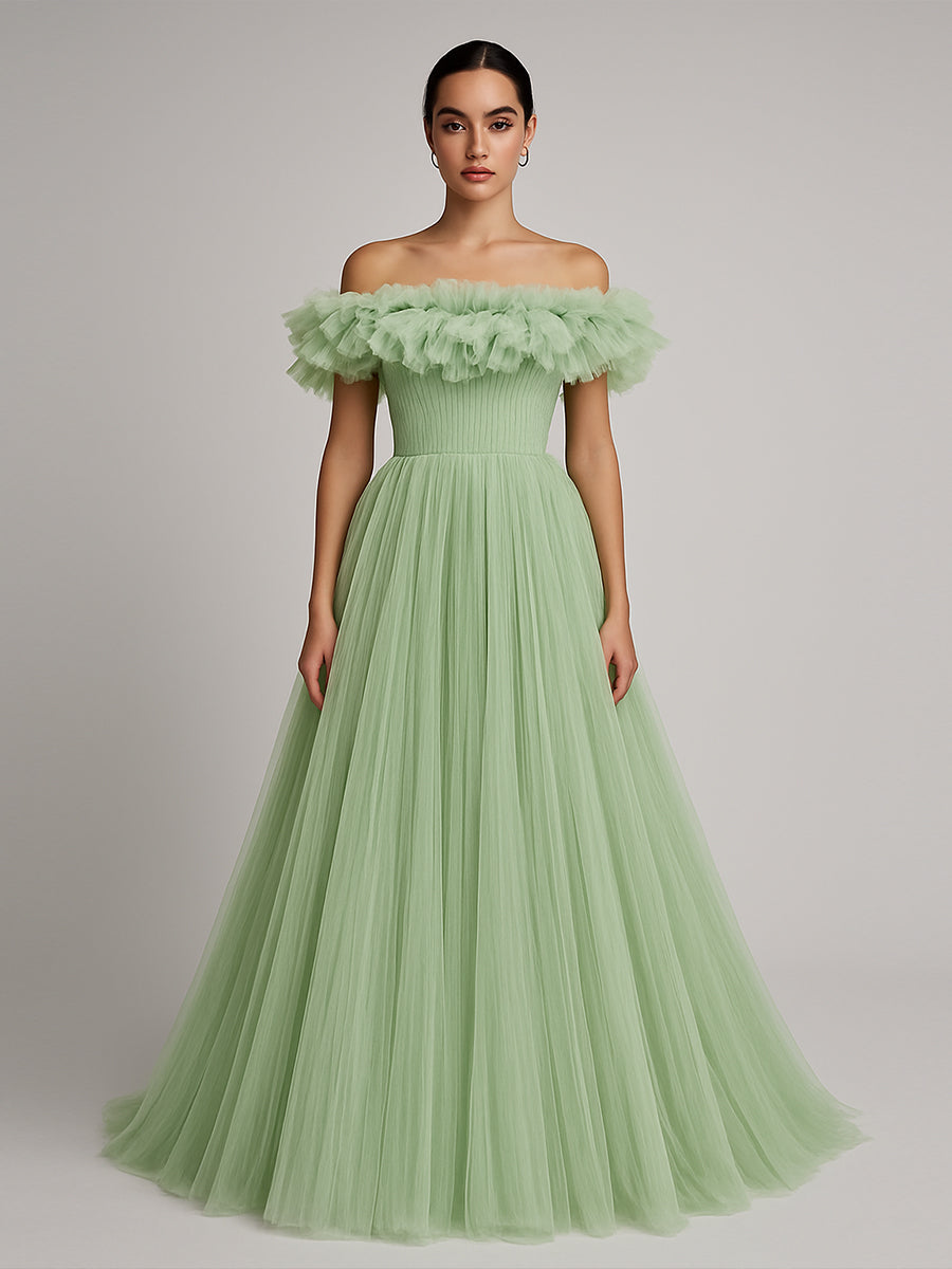 Off Shoulder Pleated Tulle A Line Long Formal Dress with Ruffles