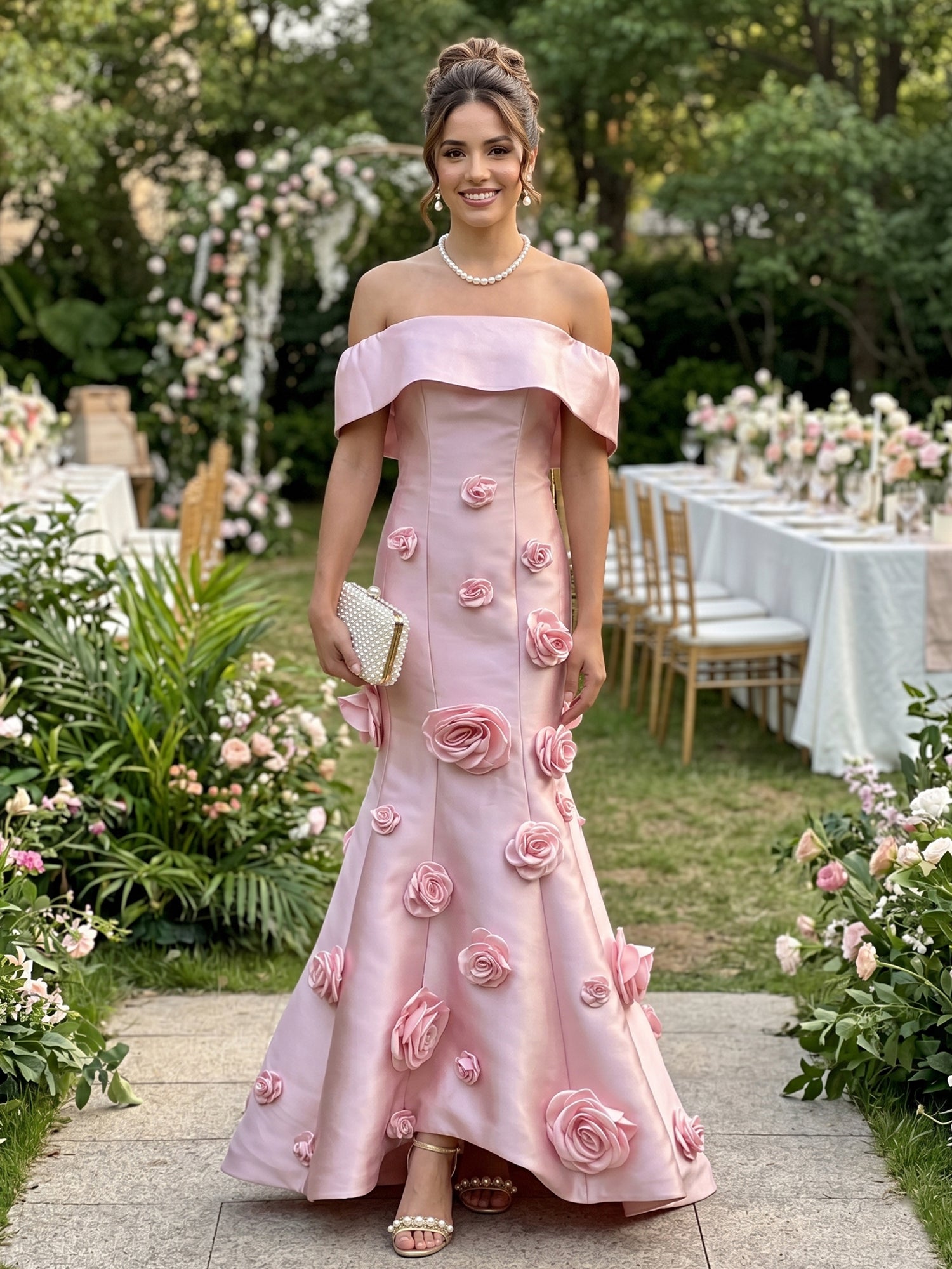 Blush Pink Satin Off-The-Shoulder 3D Floral Mermaid Formal Evening Gown
