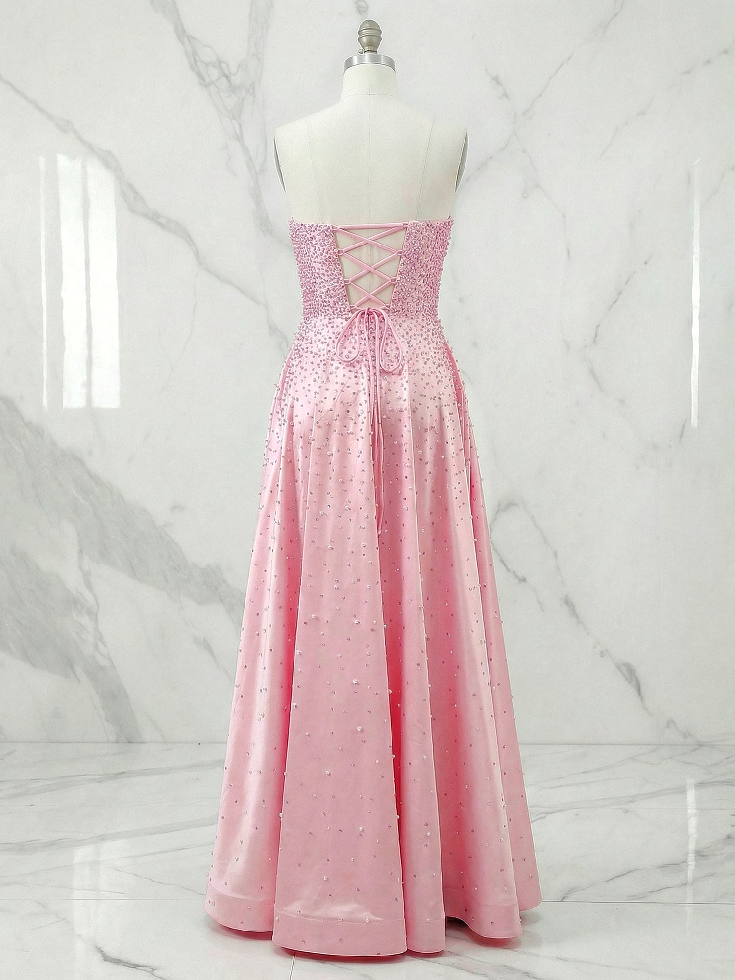 Pink Strapless A-line Sweetheart Long Prom Dresses With Pearls