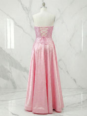 Pink Strapless A-line Sweetheart Long Prom Dresses With Pearls