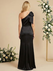 One Shoulder Satin A Line Long Bridesmaid Dresses with Bow