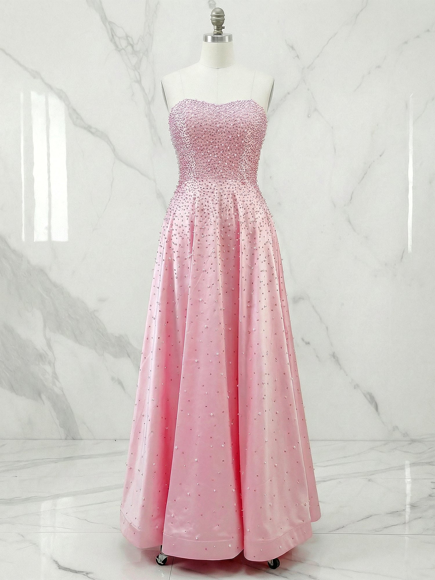 Pink Strapless A-line Sweetheart Long Prom Dresses With Pearls