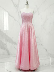 Pink Strapless A-line Sweetheart Long Prom Dresses With Pearls