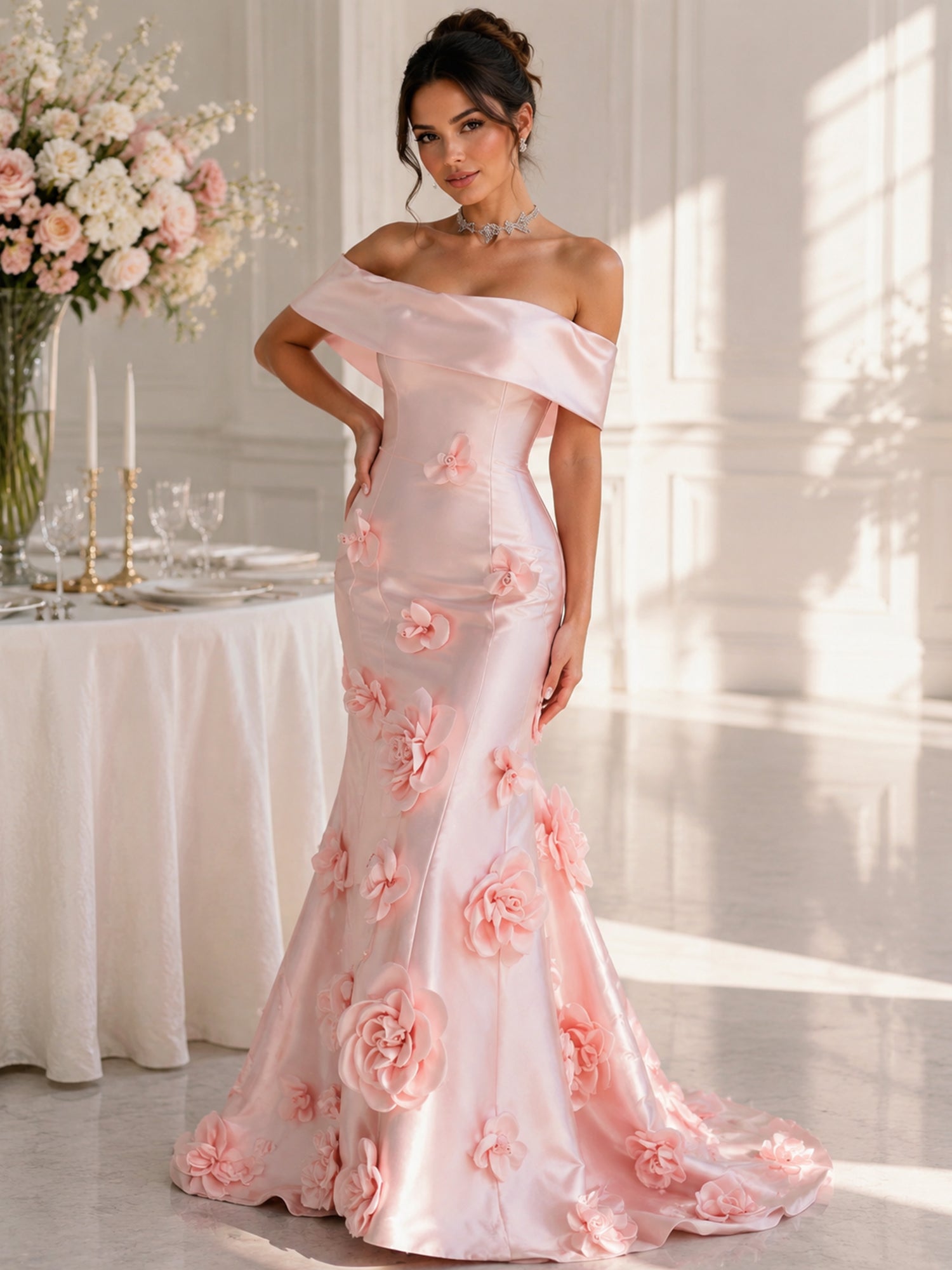Blush Pink Satin Off-The-Shoulder 3D Floral Mermaid Formal Evening Gown