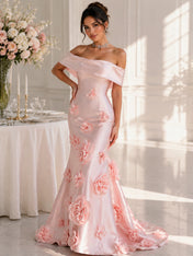 Blush Pink Satin Off-The-Shoulder 3D Floral Mermaid Formal Evening Gown