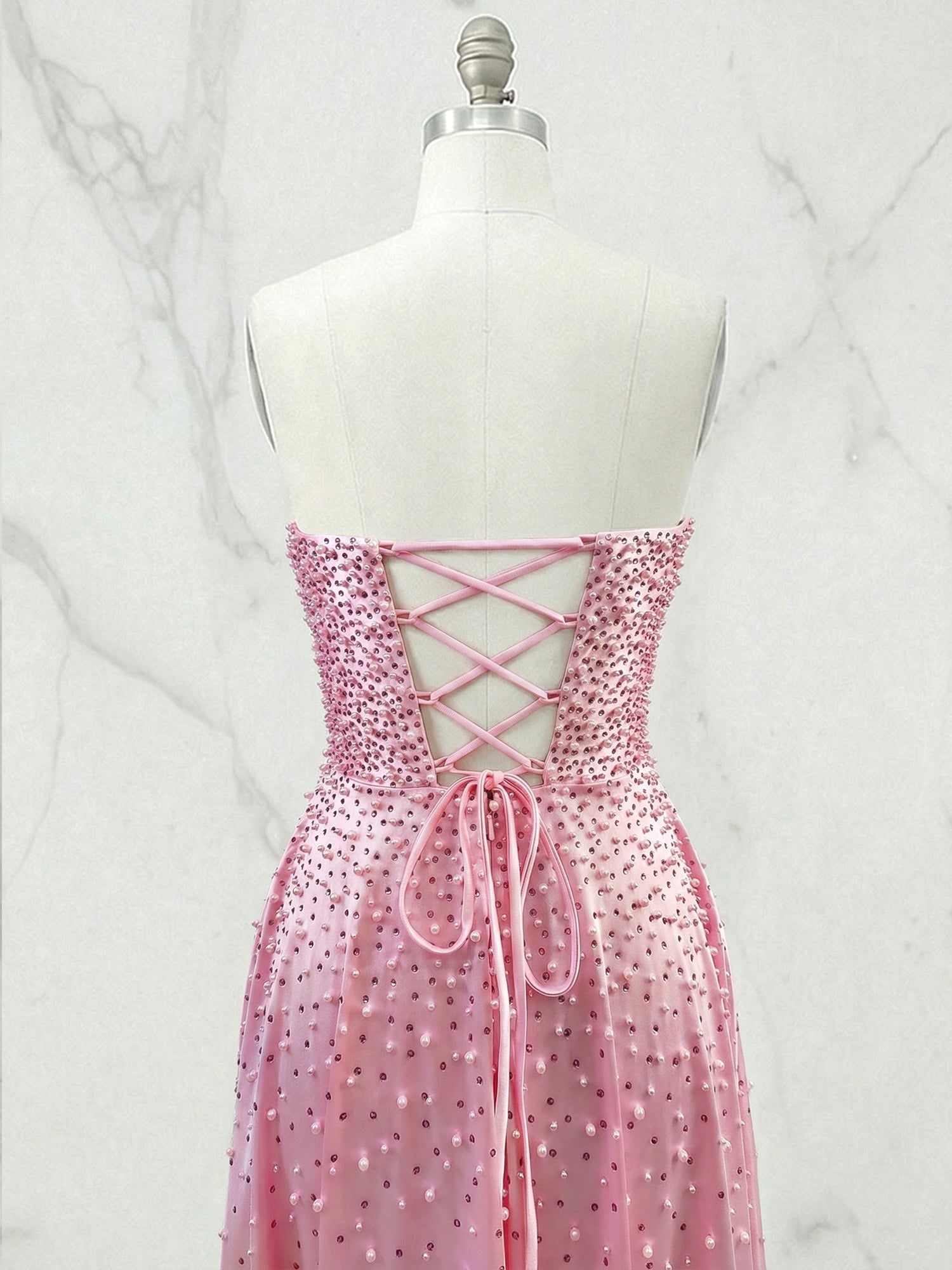 Pink Strapless A-line Sweetheart Long Prom Dresses With Pearls