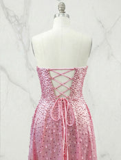 Pink Strapless A-line Sweetheart Long Prom Dresses With Pearls