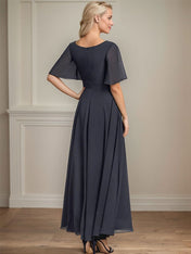 A-line V-Neck Ankle-Length Chiffon Mother of the Bride Dress With Pleated Beading Sequins