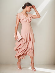 Pink Chiffon Dress V-Neck Short Sleeves Asymmetrical Length Dress with Ruffles