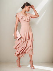 Pink Chiffon Dress V-Neck Short Sleeves Asymmetrical Length Dress with Ruffles