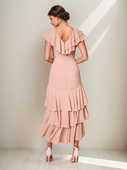 Pink Chiffon Dress V-Neck Short Sleeves Asymmetrical Length Dress with Ruffles