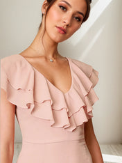 Pink Chiffon Dress V-Neck Short Sleeves Asymmetrical Length Dress with Ruffles