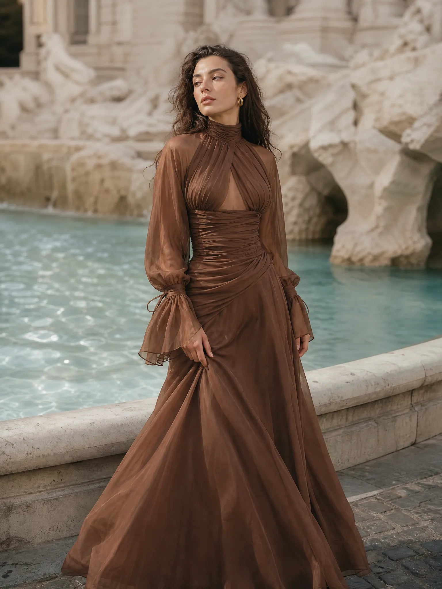 Ethereal Mocha Brown High-Neck Chiffon Evening Dress with Cutout and Bishop Sleeves