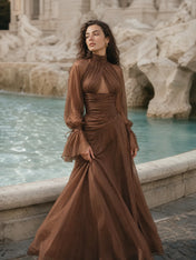 Ethereal Mocha Brown High-Neck Chiffon Evening Dress with Cutout and Bishop Sleeves