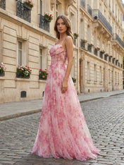 Pink Floral Corset Tulle Long Prom Dress with Delicate Spaghetti Straps