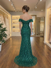 Emerald Off The Shoulder Sequin Mermaid Long Prom Dress with Slit