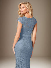 Dusty Blue Chiffon V-Neck Short Sleeves Floor Length Dress With Appliques