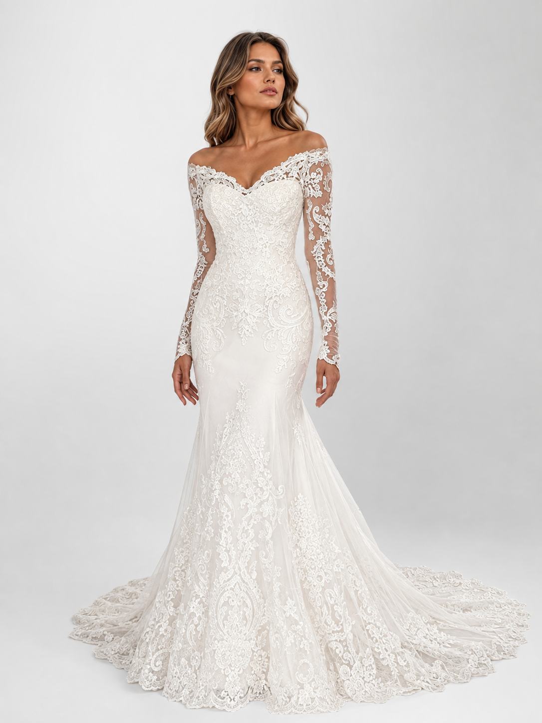 Elegant Off-the-Shoulder Long Sleeve Lace Appliqué Mermaid Wedding Dress with Chapel Train