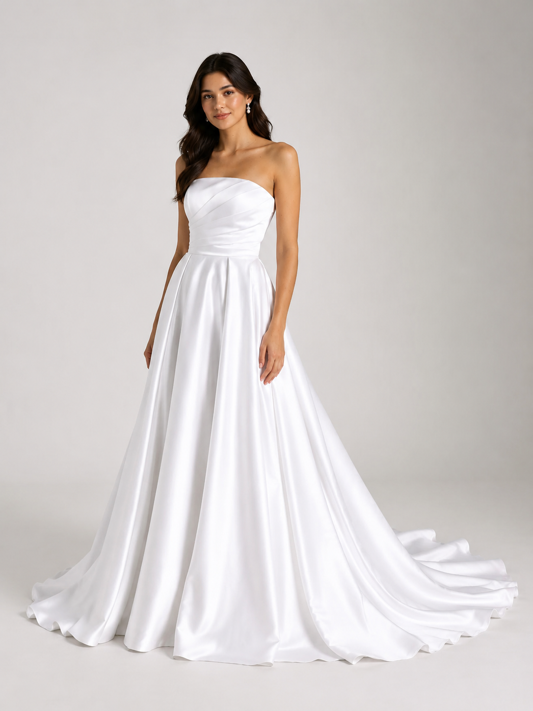 Elegant Strapless Ruched Satin A-Line Wedding Dress with Chapel Train