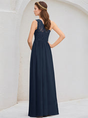 Dark Navy A-Line One Shoulder Floor-Length Lace Chiffon Bridesmaid Dress