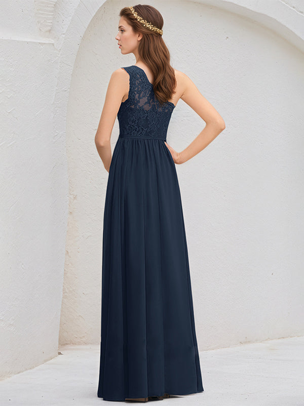 Dark Navy A-Line One Shoulder Floor-Length Lace Chiffon Bridesmaid Dress