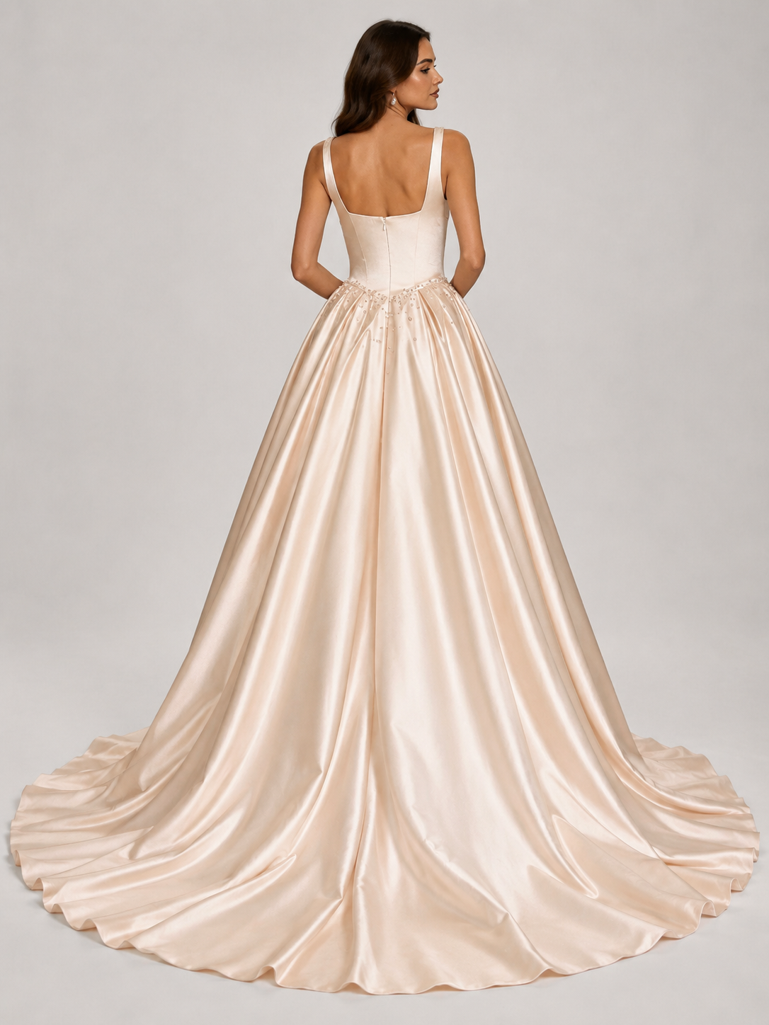 Elegant Beaded Cowl Neck Satin A-Line Wedding Dress with Chapel Train