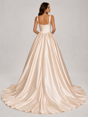 Elegant Beaded Cowl Neck Satin A-Line Wedding Dress with Chapel Train