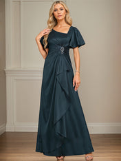A-Line Asymmetrical Floor-Length Matte Satin Mother of the Bride Dress With Beading Sequins Pleated