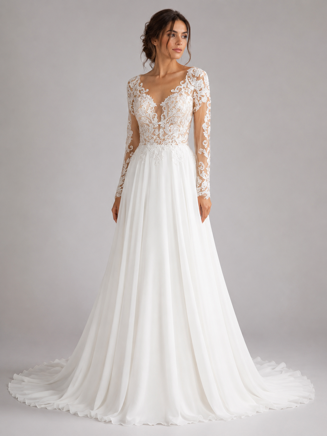 Elegant Long Sleeve Lace Illusion Chiffon A-Line Wedding Dress with Chapel Train