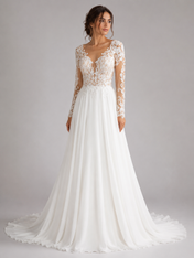 Elegant Long Sleeve Lace Illusion Chiffon A-Line Wedding Dress with Chapel Train