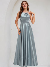 Dusty Blue Satin A Line Halter Neck Sleeveless Floor Length Bridesmaid Dress