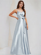 Ice Blue Satin A Line Spaghetti Straps Sleeveless Floor Length Bridesmaid Dress With Bow