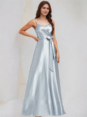 Ice Blue Satin A Line Spaghetti Straps Sleeveless Floor Length Bridesmaid Dress With Bow