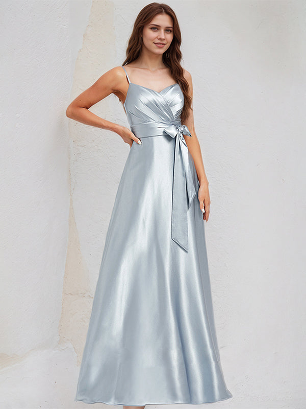 Ice Blue Satin A Line Spaghetti Straps Sleeveless Floor Length Bridesmaid Dress With Bow