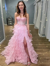 Pink Strapless Tiered Ruffles Lace Appliqués Corset Prom Dress with Slit