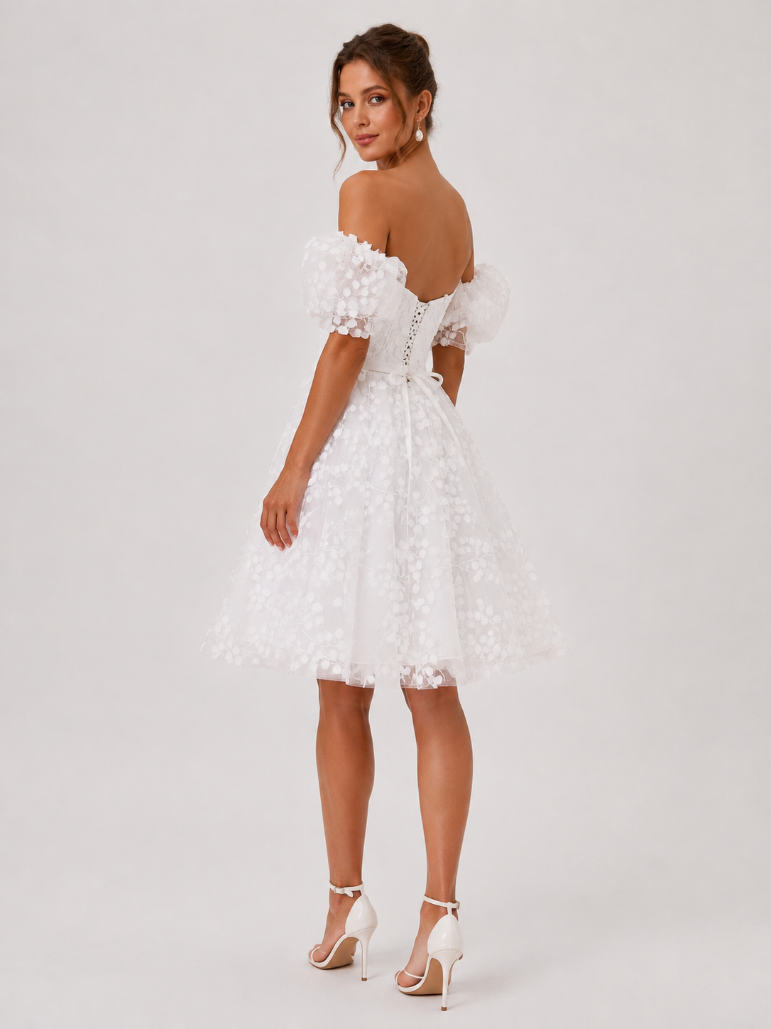Elegant Off-the-Shoulder Short Bubble Sleeve A-Line Wedding Dress with Textured Floral Tulle