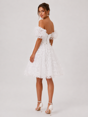 Elegant Off-the-Shoulder Short Bubble Sleeve A-Line Wedding Dress with Textured Floral Tulle
