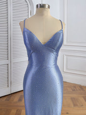 Blue Mermaid Spaghetti Straps V-Neck Rhinestone Long Prom Dress