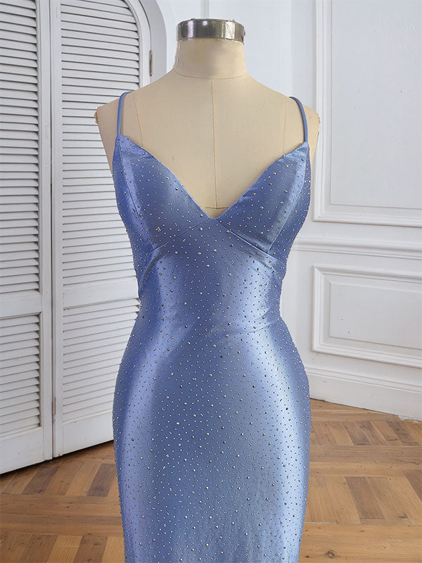 Blue Mermaid Spaghetti Straps V-Neck Rhinestone Long Prom Dress